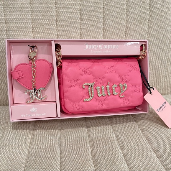 Juicy Couture Handbags - NEW Juicy Couture Pink Quilted Crossbody Bag Rhinestone Logo Mirror Keychain Set